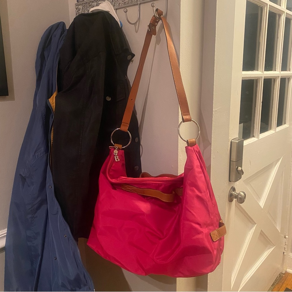 Bogner hot pink orange colorblock nylon travel overnight bag leather handles